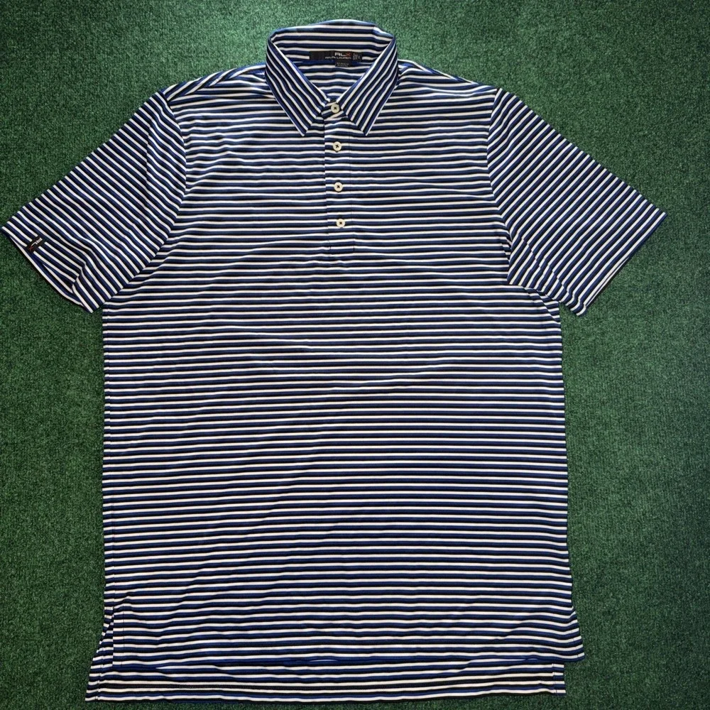 Ralph Lauren RLX Polo Shirt Mens Large Blue Striped Casual Golf Performance J